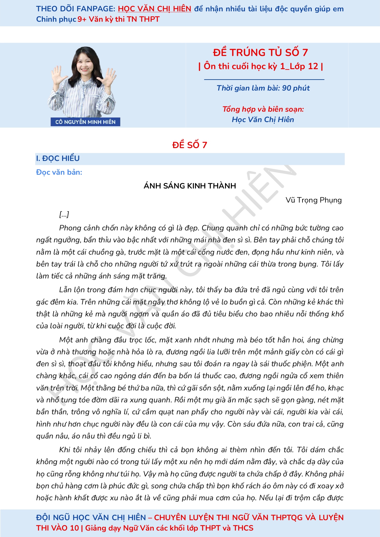 ĐỀ TRÚNG TỦ SỐ 7 + ĐÁP ÁN | ÔN THI CUỐI HỌC KÌ 1 LỚP 12 MÔN NGỮ VĂN